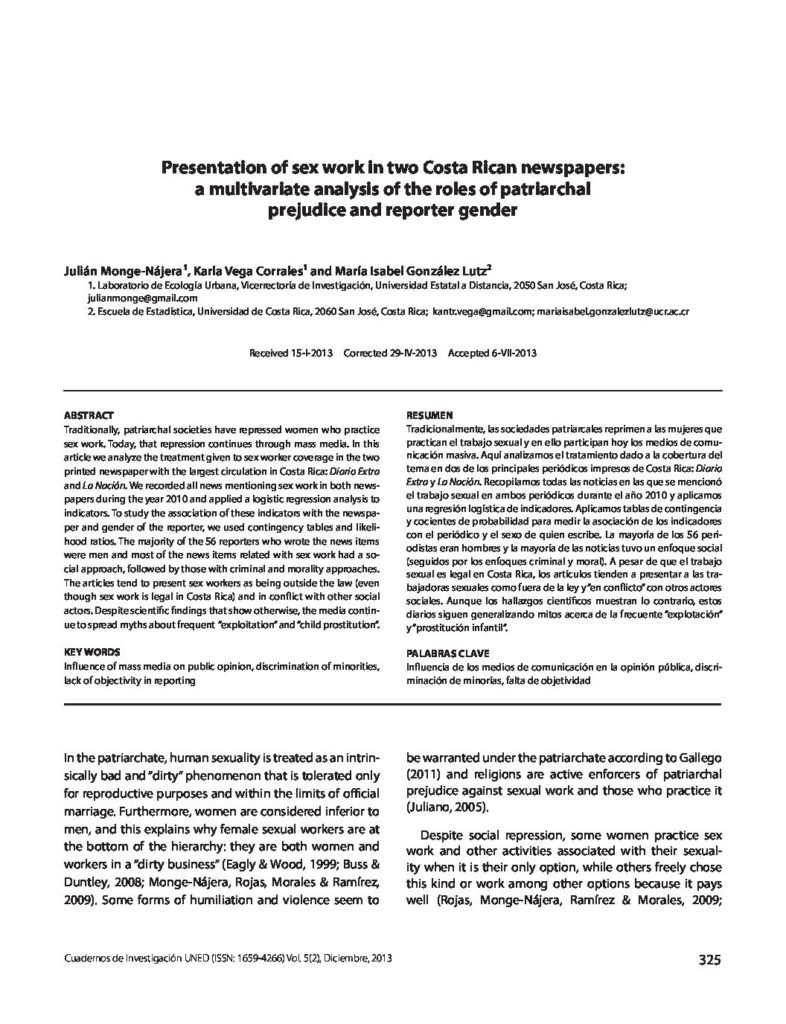 Presentation of sex work in two Costa Rican newspapers: a multivariate analysis of the roles of patriarchal prejudice and reporter gender