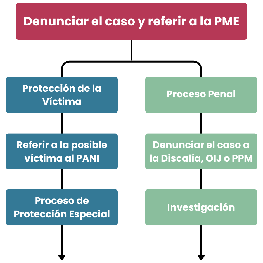 Un flujograma de los pasos de denuncia y referencia cuando se identifica un posible caso de trata de niñas, niños y adolescentes en Costa Rica.