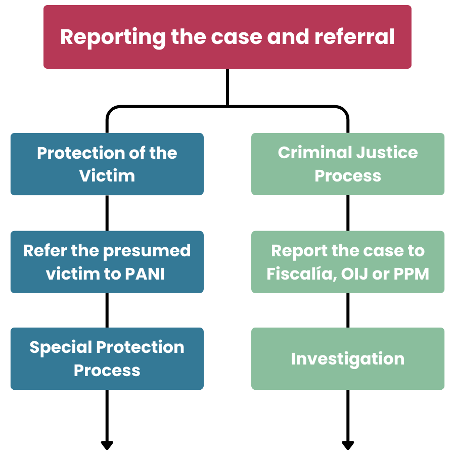 A flow chart of the reporting and referral steps when a possible case of child trafficking is identified in Costa Rica.