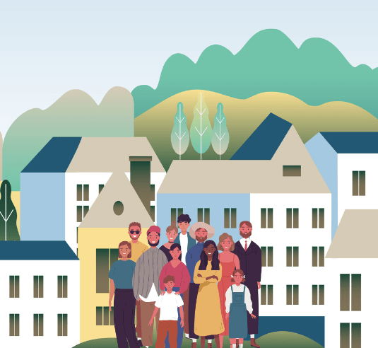 A cartoon of community members standing in front of many houses and trees together.