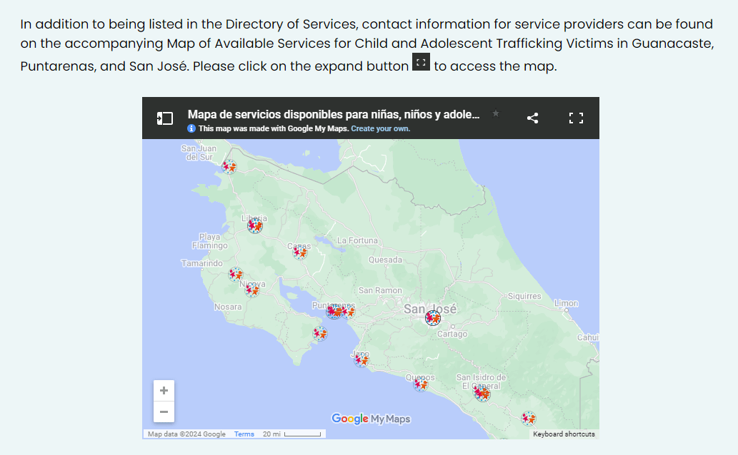 A screenshot of the Directory of Services page of this website showing an interactive Google map of Costa Rica.