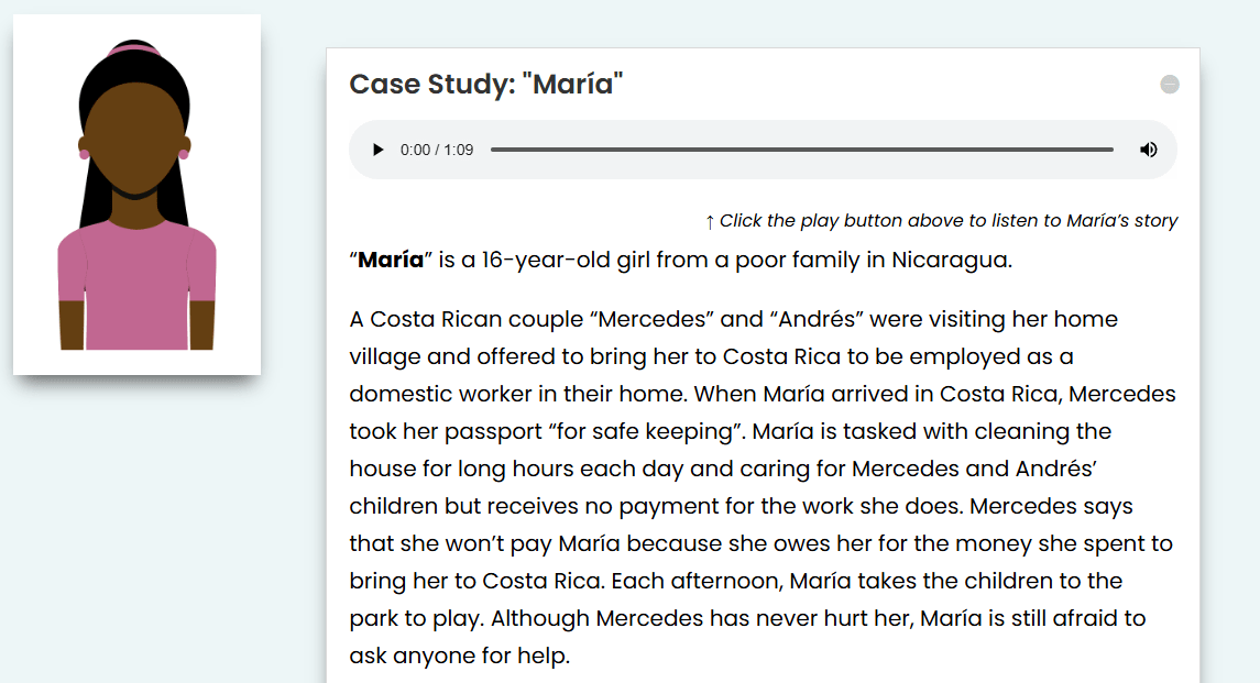 A screenshot of the Examples of Child Trafficking page of this website showing the Maria case study with an image of a girl, audio button, and text.