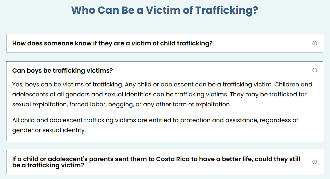 A screenshot of the Commonly Asked Questions page of this website showing three questions on who can be a trafficking victim.