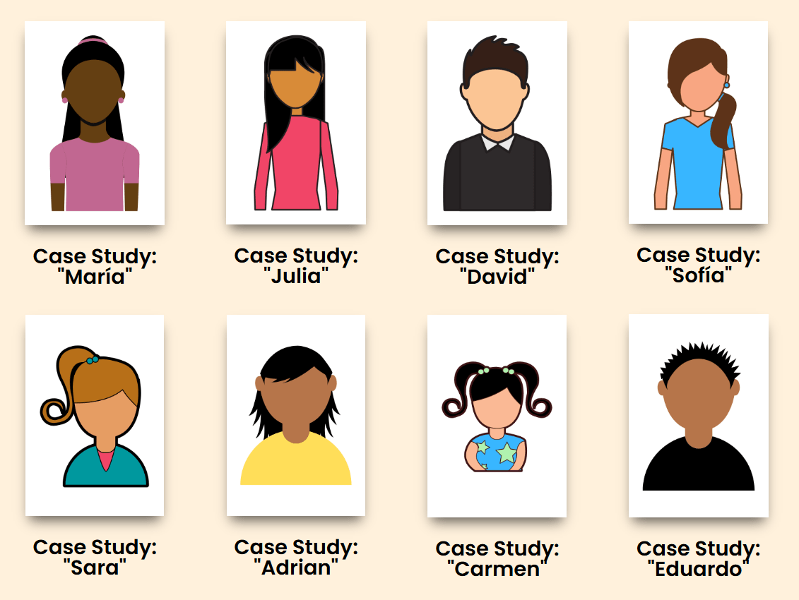 A screenshot of the Examples of Child Trafficking page of this website showing the Maria case study with an image of a girl, audio button, and text.