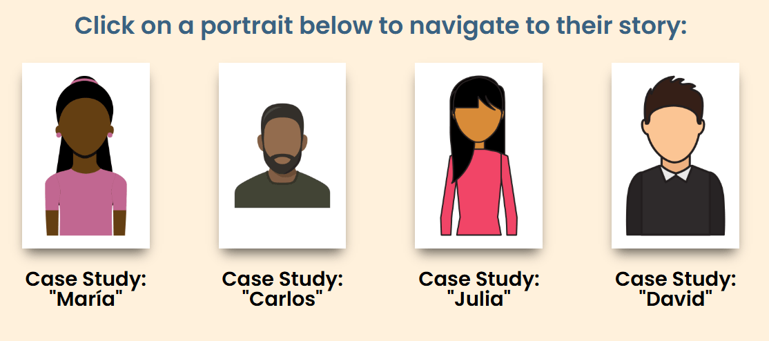 A screenshot of the Examples of Child Trafficking page of this website showing the Maria case study with an image of a girl, audio button, and text.