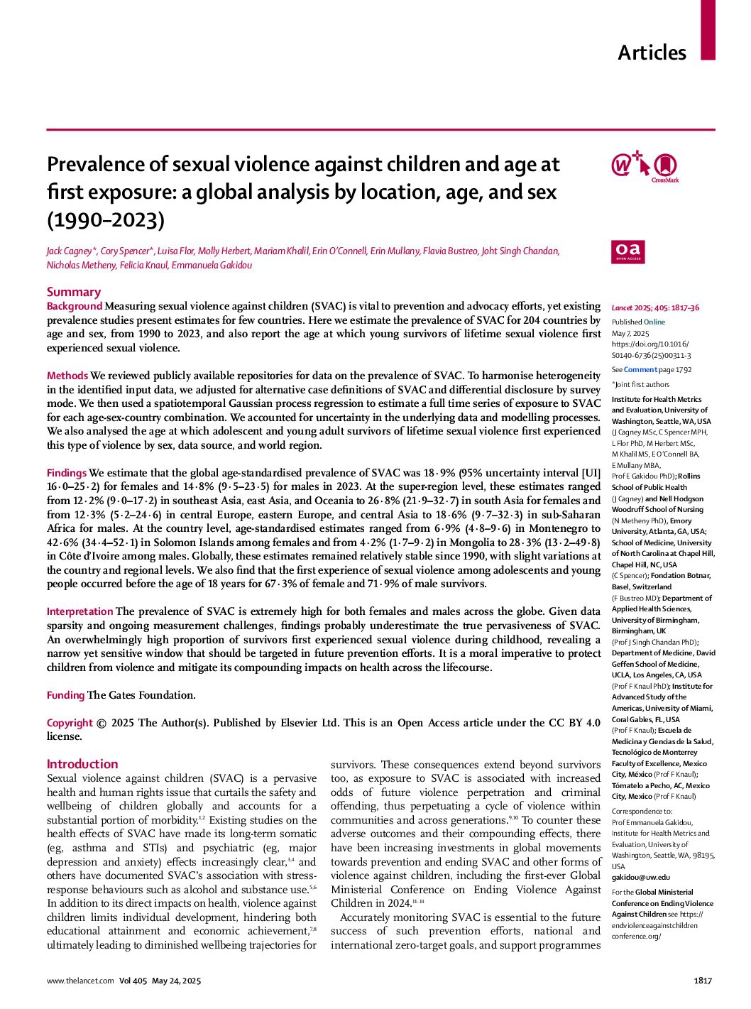 Prevalence of sexual violence against children and age at first exposure: a global analysis by location, age, and sex (1990–2023)
